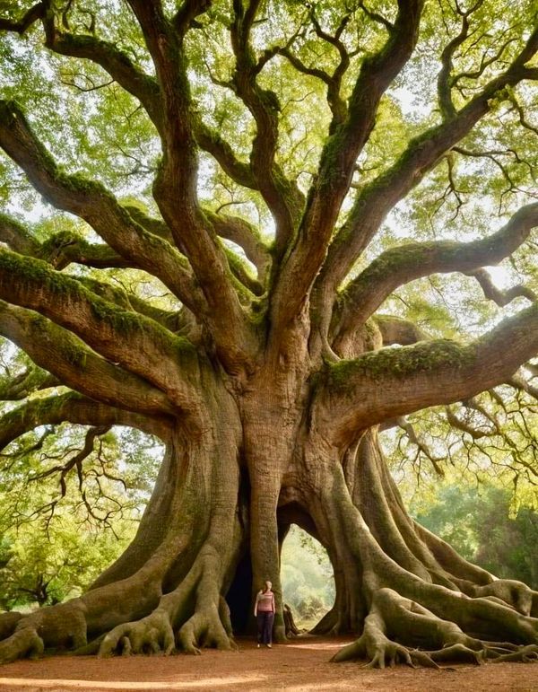 two people standing in front of a huge tree