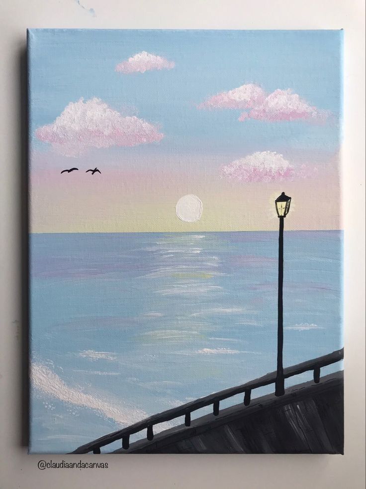 a painting of a pier with two birds flying over the water and a light post