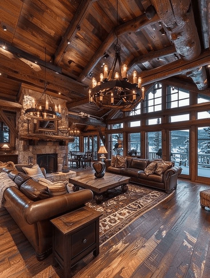 Myths About Rustic Interior Design: Grand Lodge-Style Living Room with Exposed Beams and Cozy Firepl Large Rustic Living Room, Old Rustic House Interior Design, Cool Cabin Interiors, Rustic Open Kitchen And Living Room, Cedar Wood Walls Living Room, Modern House Interior Design Ideas, Cute House Interior Living Room, Lodge Interior Design Rustic, Lodge Style Interior