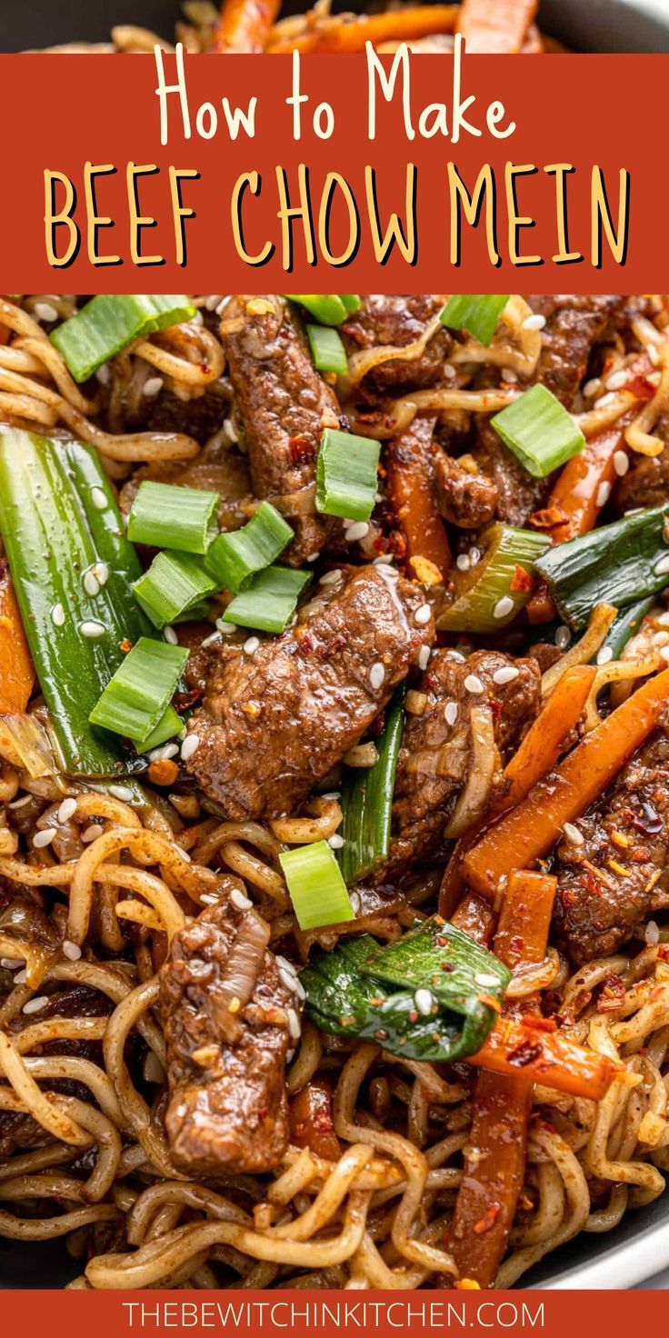 beef chow mein in a bowl with carrots and green onions