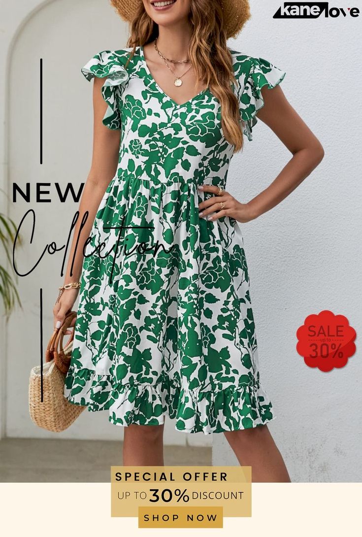 Floral V-neck Flutter Sleeve Dress Spring V-neck Dress With Ruffle Sleeves For Brunch, Fitted V-neck Sundress With Ruffles, Green V-neck Dress With Ruffles, Spring Vacation V-neck Dress With Flutter Sleeves, Chic Green Flowy V-neck Dress, Elegant V-neck Ruffle Dress With Floral Print, V-neck Ruffle Hem Sundress, Green Floral Print V-neck Dress For Summer, Flowy V-neck Sundress For Garden Party