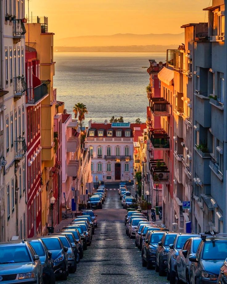 cars parked on the side of a road next to tall buildings with ocean in the background