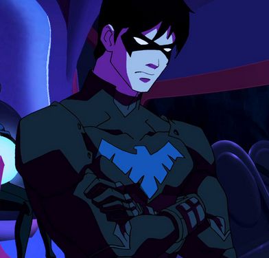 the animated batman is standing in front of two other cartoon characters, one with his hands on his chest