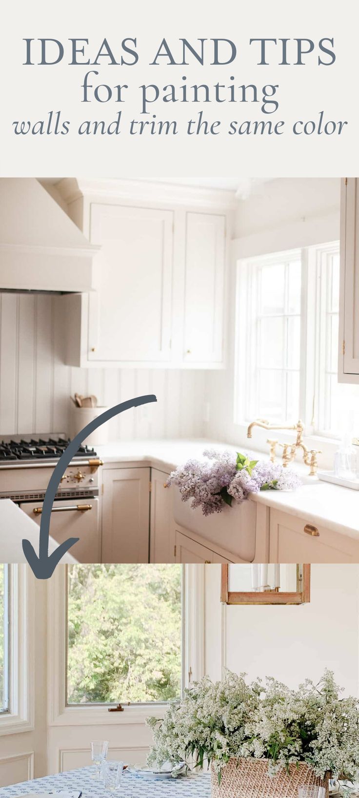 an image of a kitchen with white cabinets and flowers in the window sill on the counter