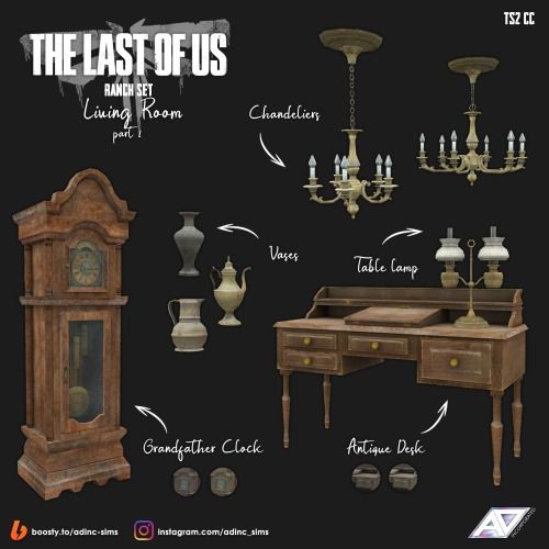 the last of us furniture set is shown with chandelier, table lamp and grandfather clock