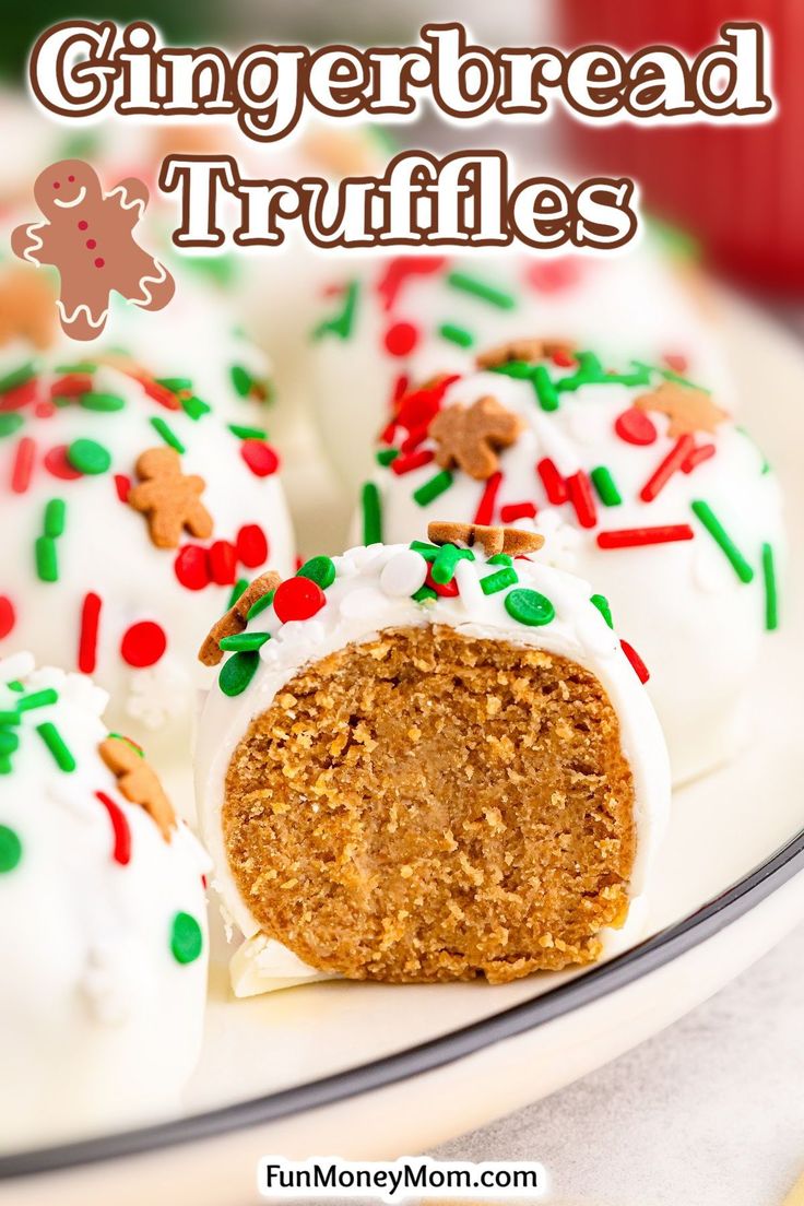 gingerbread truffles with white frosting and sprinkles on a plate