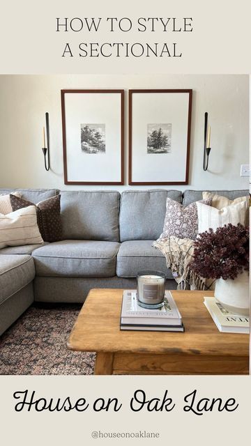 a living room filled with furniture and pictures above the couch is a coffee table that sits on top of a rug