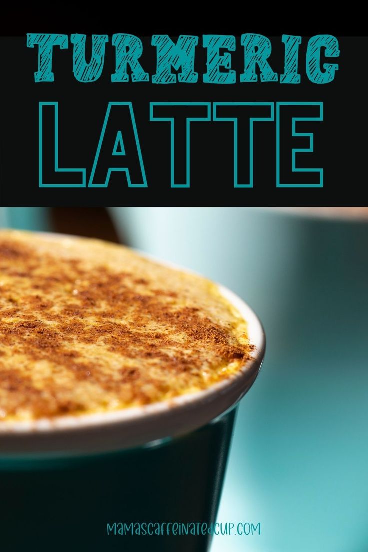 a close up of a plate of food with the words turmric latte on it