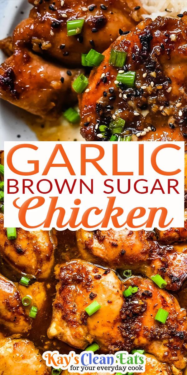 garlic brown sugar chicken on a plate with rice and green onions