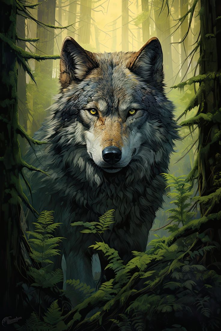 a painting of a wolf in the woods