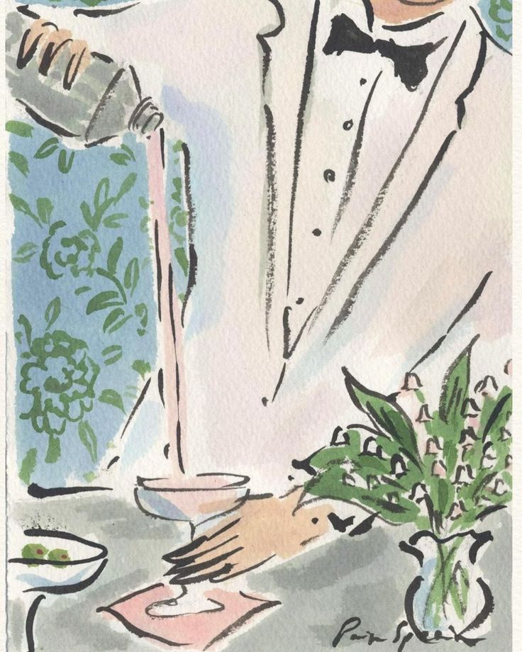 a watercolor drawing of a man in a tuxedo pouring something into a bowl