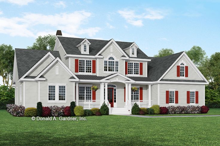 this is an artist's rendering of a two story house with red shutters