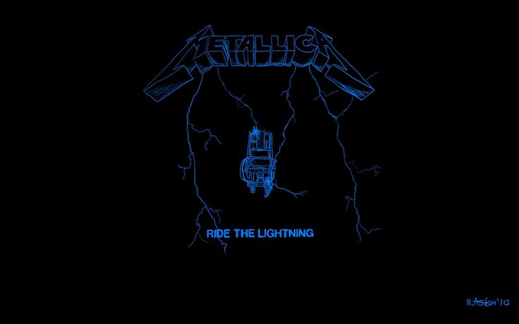 metallic's ride the lightning logo on a black background with blue lightning bolts in it