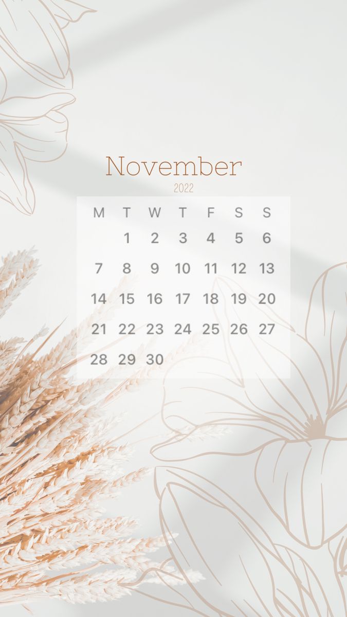 the november calendar has been placed on a white background with flowers and grass in it