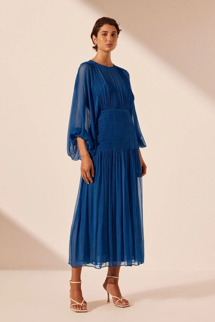 Maya Ruched Panelled Midi Dress | Strong Blue | Dresses | Shona Joy – Shona Joy International Chic Long Sleeve Midi Dress With Ruched Bodice, Blue Midi Dress With Ruched Bodice For Evening, Blue Midi Dress With Draped Sleeves For Evening, Knee-length Midi Dress With Gathered Sleeves For Evening, Evening Midi Dress With Gathered Sleeves, Voluminous Evening Dresses With Elastic Sleeves, Chic Puff Sleeve Midi Dress With Blouson Sleeves, Chic Midi Dress With Gathered Bishop Sleeves, Cocktail Maxi Dress With Gathered Sleeves