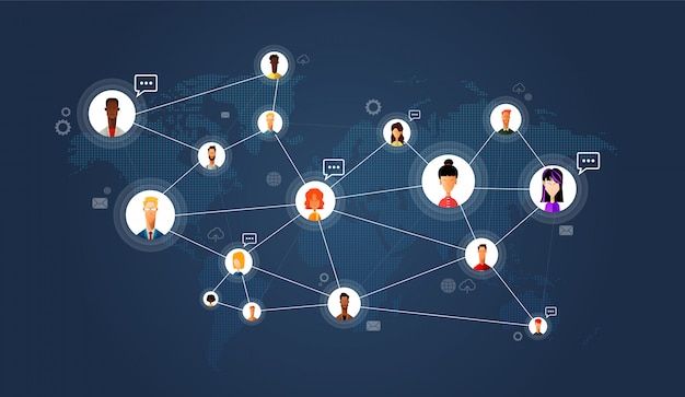 a group of people are connected by social network lines on a dark blue background with the world map in the middle