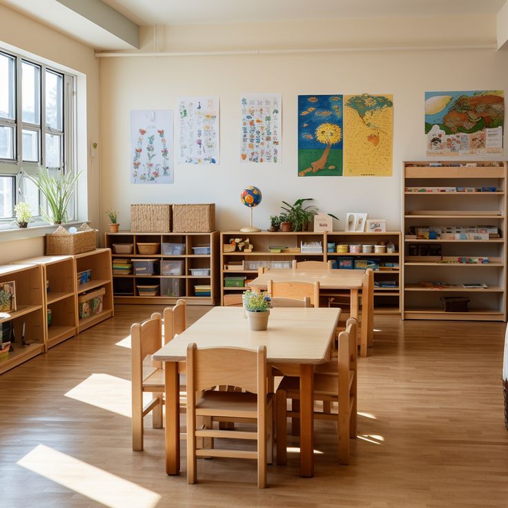 a classroom with wooden tables and chairs in front of bookshelves filled with children's toys