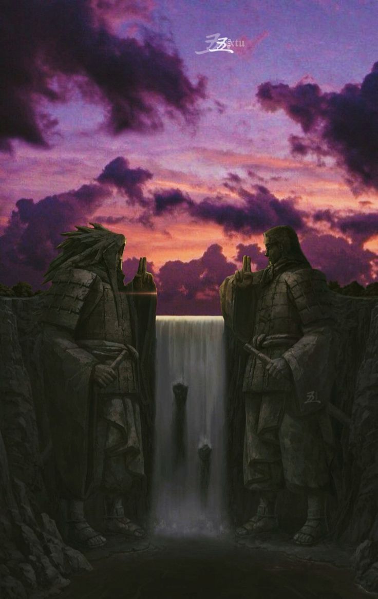 a painting of two people standing in front of a waterfall at sunset with the sky behind them