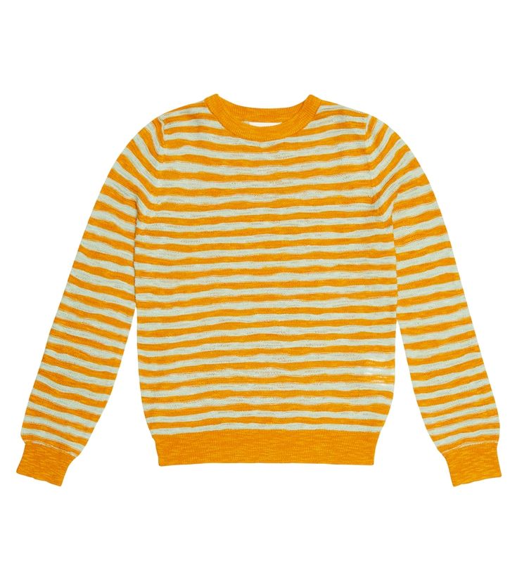 The Pablo sweater from Morley is perfect for casual occasions. Made from a linen-backed cotton-blend, it's embellished with colorful stripes and has finely ribbed-knit trims. Spring Knit Sweater With Striped Hem, Winter Cotton Sweater With Horizontal Stripes, Winter Horizontal Stripe Cotton Sweater, Cotton Sweater With Horizontal Stripes For Winter, Winter Cotton Tops With Striped Hem, Casual Spring Sweater With Striped Hem, Striped Cotton Sweater For Fall, Knit Sweater With Contrast Stripes Crew Neck, Knit Crew Neck Sweater With Contrast Stripes