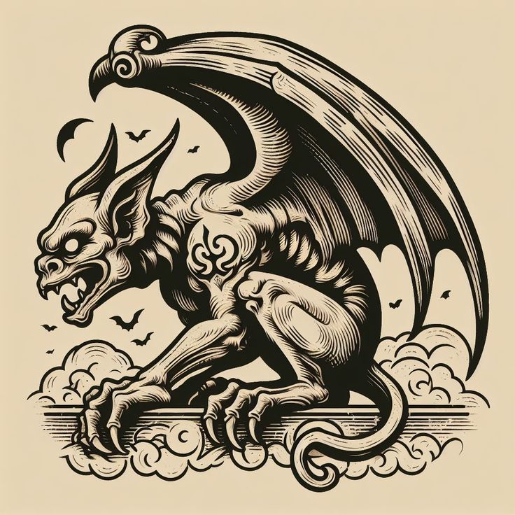 a black and white drawing of a dragon