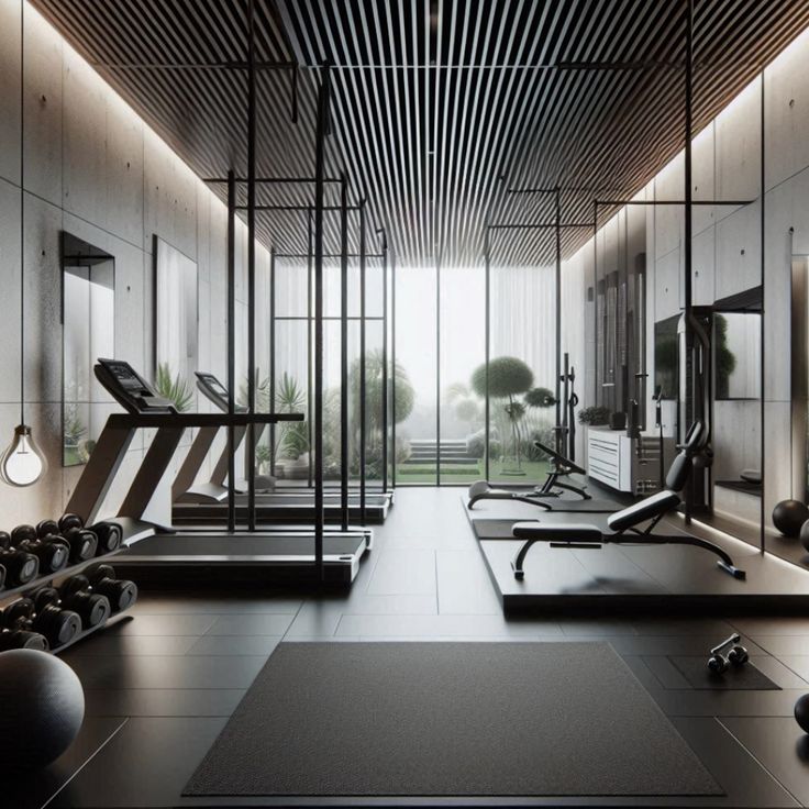 an empty gym with exercise equipment in the foreground and large mirrors on the wall