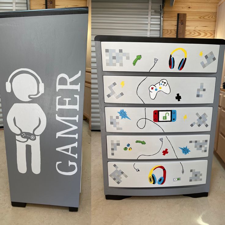 two dressers with game controllers painted on them in a kitchen area next to each other