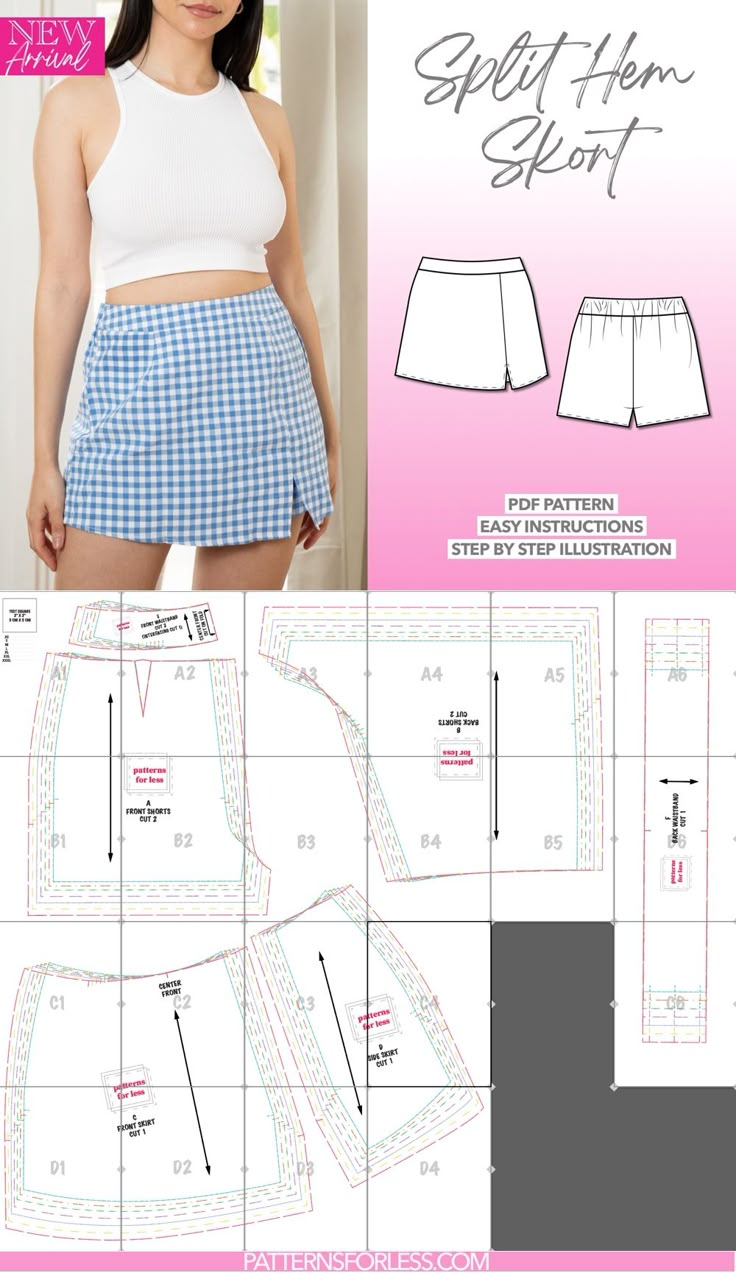 Split Hem Skort Sewing Pattern Flippy Skirt Sewing Pattern, Solid Split Front Skort, Beach Skirt Pattern Sewing, Sewing Tennis Skirts Patterns, Sewing Patterns For Skirt, Pattern Sewing Skirt, Simple Sewing Pattern Free, Skirt Sowing Pattern, Kawaii Items Sewing Patterns