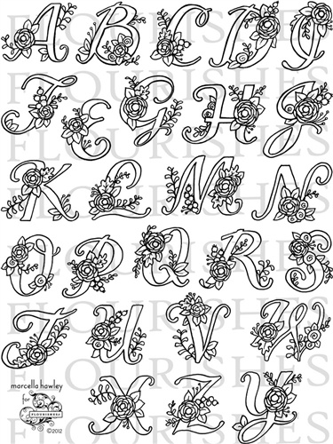 the letters and numbers are drawn in black ink on white paper, with floral designs