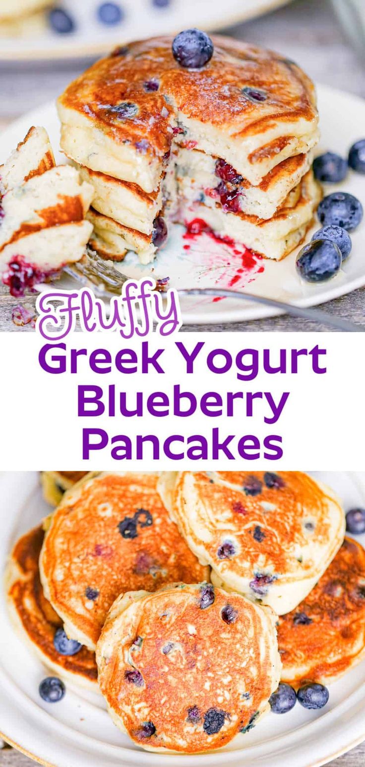 blueberry pancakes are stacked on top of each other with the words, fluffy greek yogurt blueberry pancakes