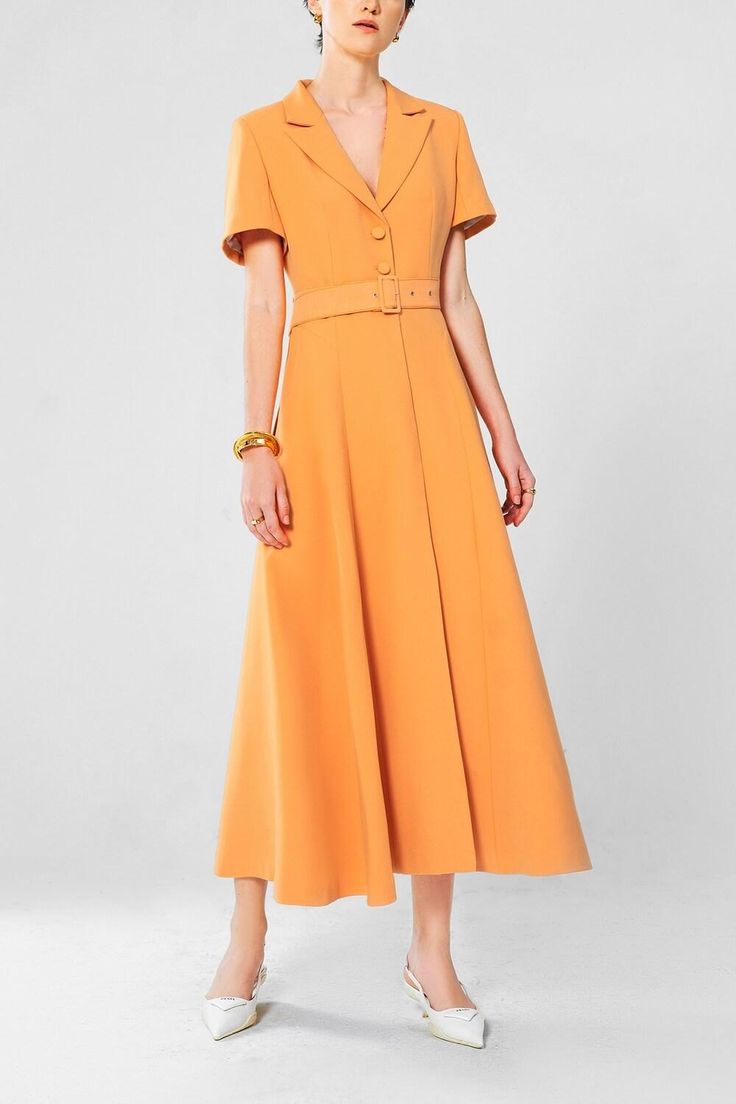 Retti A-line Notch Lapel Crepe Midi Dress A Line Skirt Midi, Lapel Dress, Glamorous Fashion, Crepe Midi Dress, Pastel Orange, Mass Production, Crepe Fabric, Womens Midi Dresses, Dress Backs