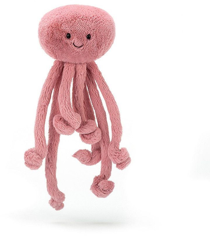 a pink octopus stuffed animal hanging from a rope on a white background with room for text