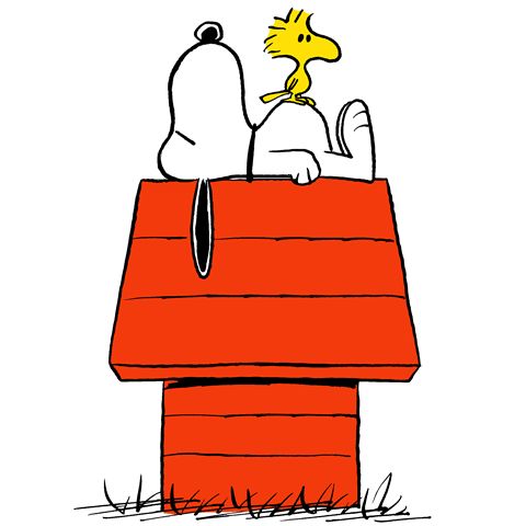 a charlie brown cartoon sitting on top of a red box with a yellow dog in it's lap