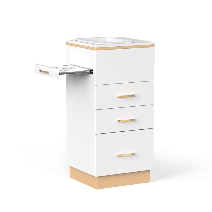 a white cabinet with three drawers and a gold handle on the bottom one drawer is open