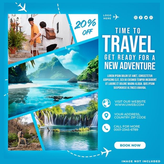 an advertisement for travel company with pictures of people and mountains in the background, on a blue