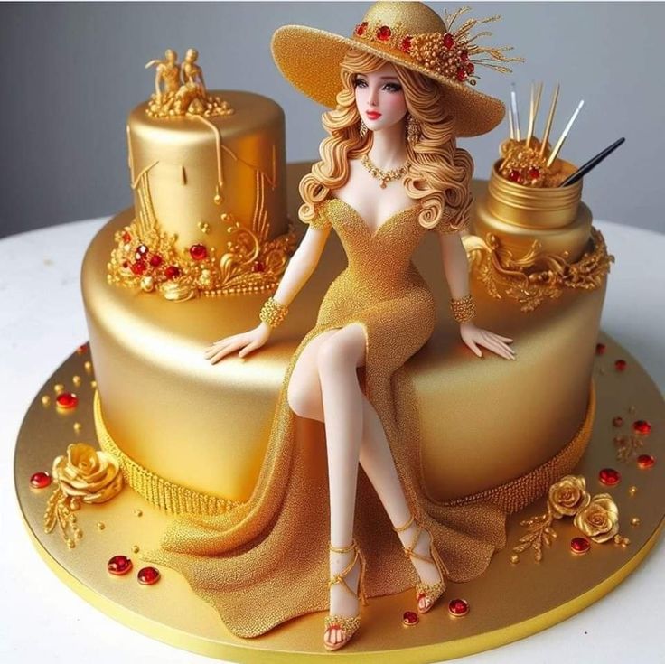 a cake with a woman sitting on top of it