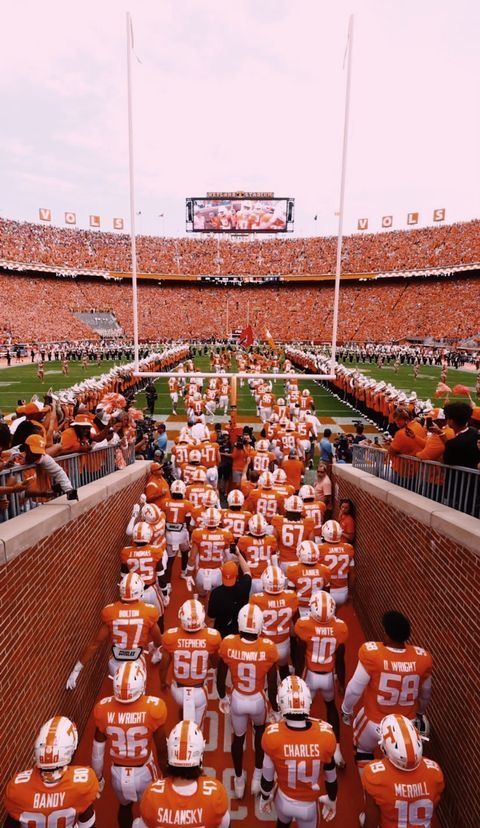 an orange and white football team is lined up on the sidelines at a stadium