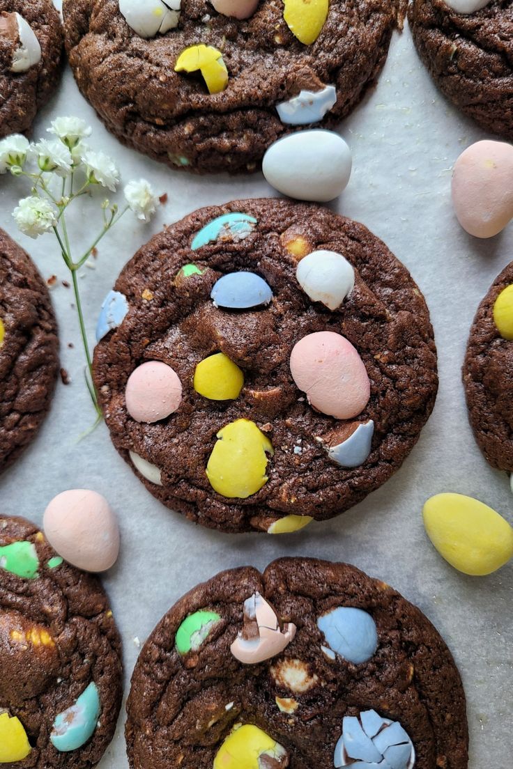 chocolate cookies decorated with easter eggs and candy