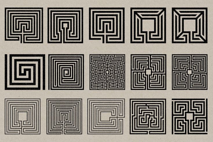 an assortment of black and white maze designs