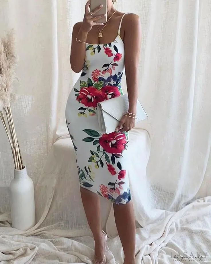 Lasaky - Floral Print Bodycon Cami Dress Summer Bodycon Floral Print Dress, Summer Bodycon Dress With Floral Print, Summer Midi-length Bodycon Brunch Dress, Summer Midi Bodycon Dress For Brunch, Summer Midi Length Bodycon Dress For Brunch, Bodycon Floral Print Dress For Day Out, Bodycon Midi Dress For Vacation, Vacation Bodycon Midi Dress, Spring Beach Bodycon Midi Dress