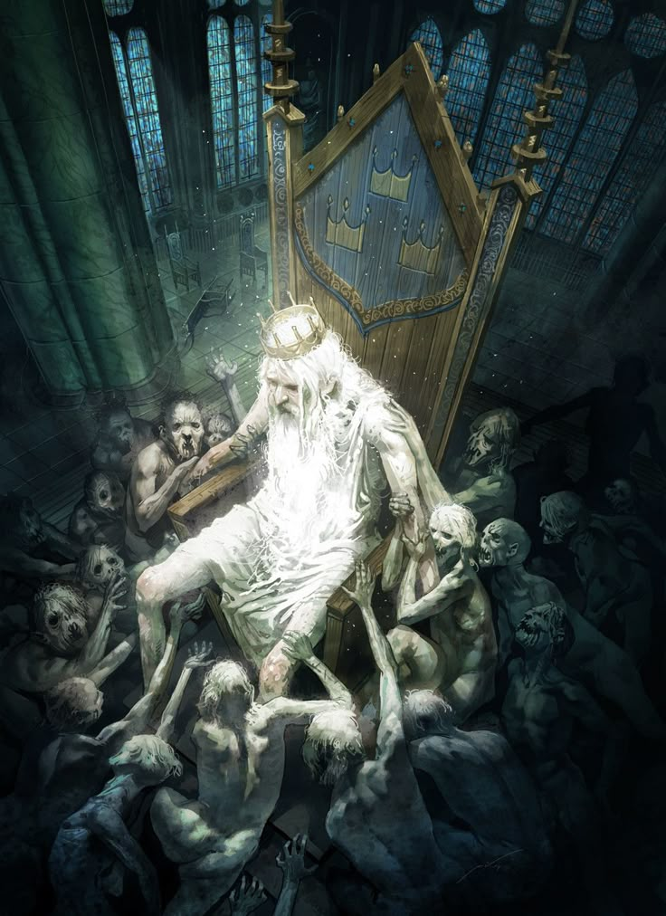 an image of a man sitting on a throne surrounded by zombies