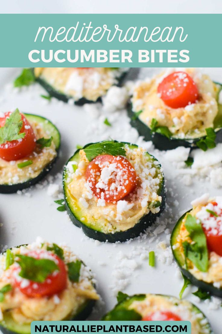 small cucumber bites are topped with cheese and tomato on a white plate next to the words easy to make mediterranean cucumber bites