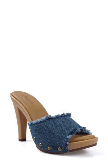 A clog-inspired stud strap tops this versatile slide sandal that's raised on a lofty heel. 4 1/4" heel; 3/4" platform Cushioned insole Leather, textile or synthetic upper/leather lining/synthetic sole Imported Denim High Heel Platform Sandals, Summer Slip-on Clogs With Padded Heel, Spring Clogs With 4-inch Open Heel, Casual Summer Mules With Reinforced Heel, Summer Open Toe Clogs With 4-inch Heel, Denim Platform Heels With Open Toe, Closed Toe Denim Sandals, Open Heel Denim Sandals For Summer, Spring Open Toe Clogs With 4-inch Heel