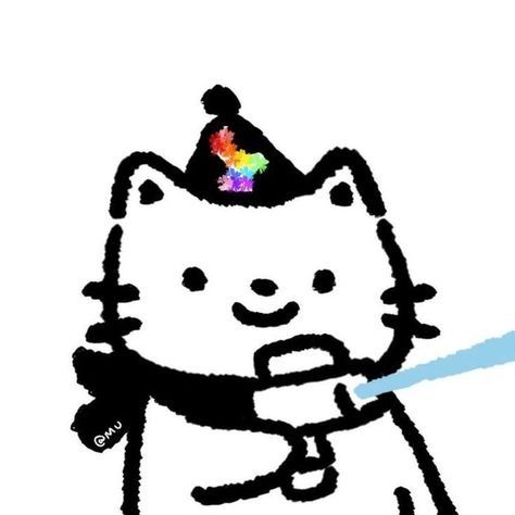 a drawing of a cat wearing a party hat and holding a lite up lighter