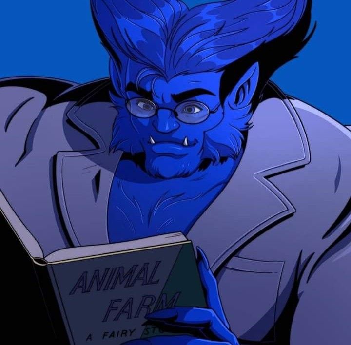 a man with blue hair and glasses reading a book