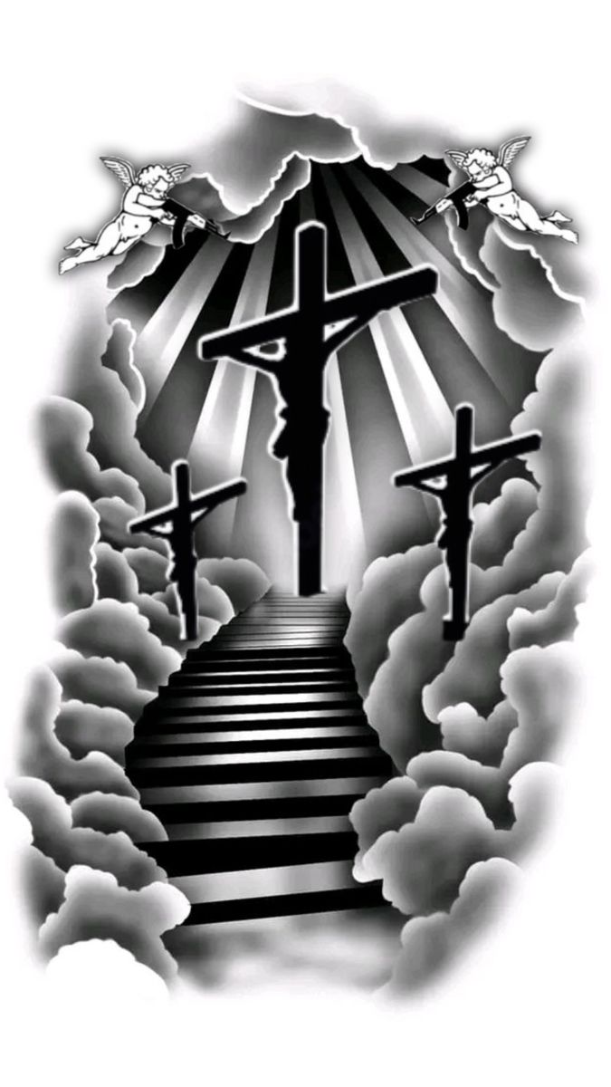 jesus on the cross with clouds and sun rays behind it, in black and white