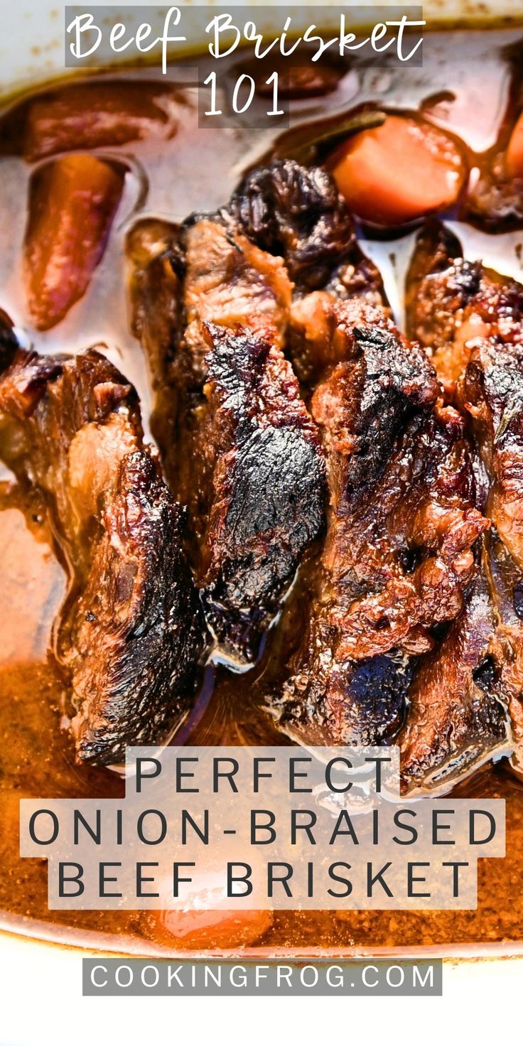 a close up of meat in a pan with text overlay that reads beef pousset perfect onion - braised beef brisket