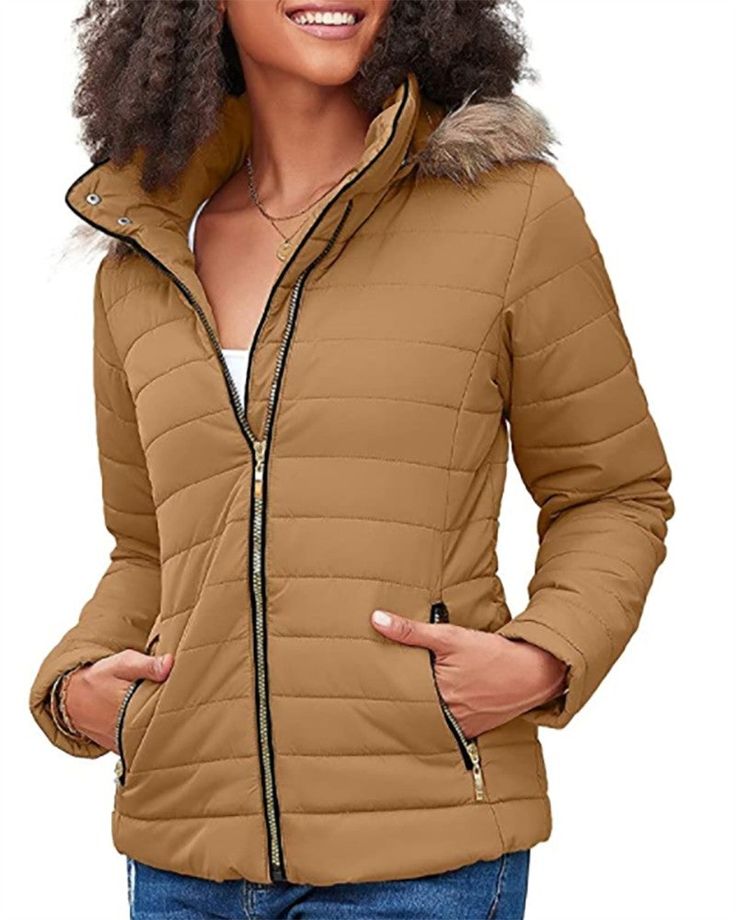 Zipper Pocket Design Fuzzy Hooded Puffer Jacket Cold Weather Parka With Zipper Closure, Cold Weather Long Sleeve Parka With Zipper, Brown Hooded Puffer Jacket For Winter, Winter Hooded Jacket With Zip Fly, Winter Hooded Jacket With Zip Closure, Trendy Puffer Hooded Jacket, Winter Zip Fly Hooded Jacket, Winter Puffer Jacket With Zip Fly, Long Sleeve Puffer Jacket With Zipper For Cold Weather