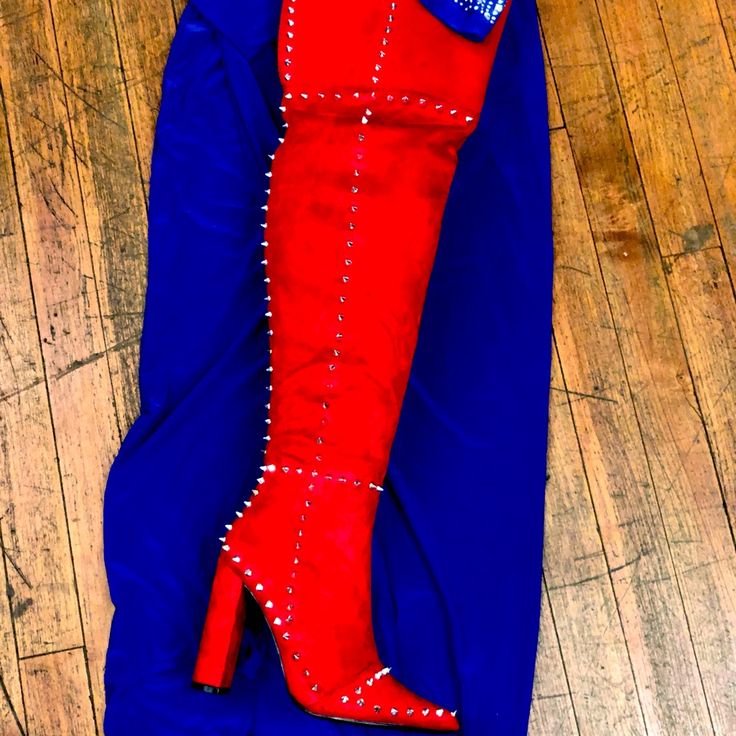 Suede Thigh Thigh With Studs, 4 Inch Heel Trendy Red Knee-high Boots, Red Knee-high Party Boots, Trendy Red Knee-high Party Boots, Red Knee-high Boots For Party, Trendy Red Knee-high Boots For Party, Red Knee-high Boots For Winter Party, Red Thigh High Boots For Fall, Red Over-the-knee Boots For Party, Red Over-the-knee Party Boots