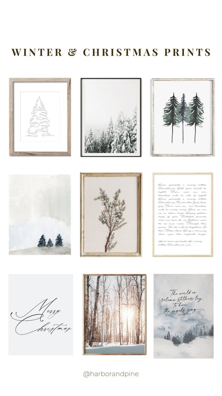 christmas cards with the words, winter and christmas prints in gold frame on white background