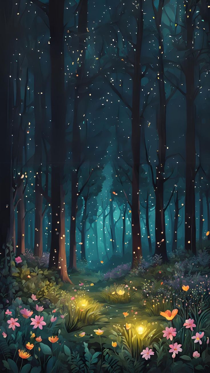 a painting of a forest filled with lots of trees and flowers in the night time